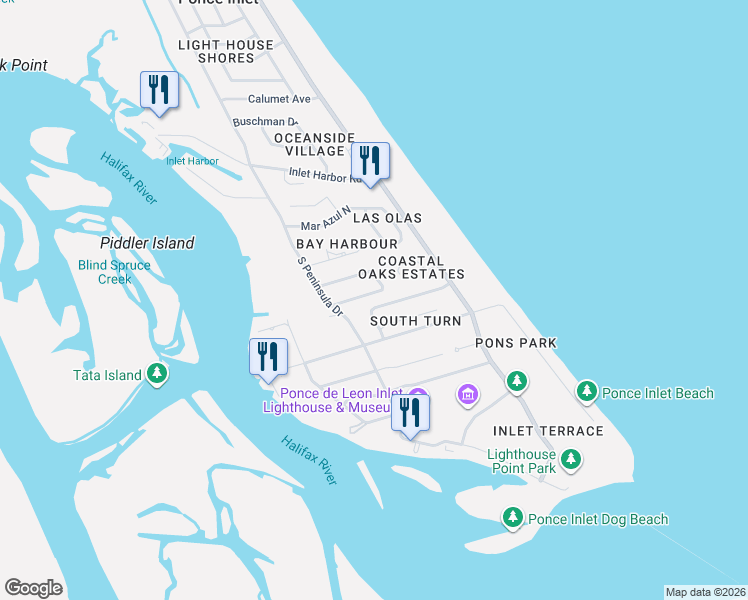 map of restaurants, bars, coffee shops, grocery stores, and more near 86 Jennifer Circle in Ponce Inlet