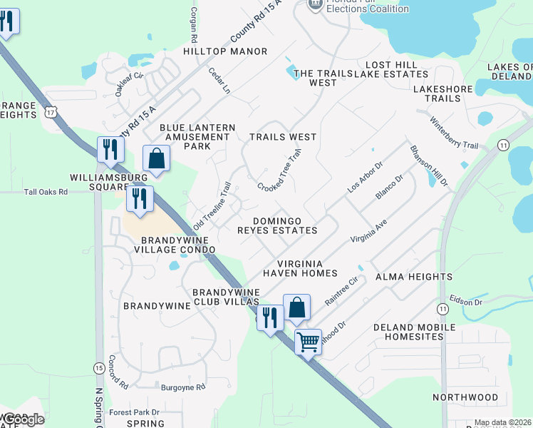 map of restaurants, bars, coffee shops, grocery stores, and more near 237 Brevity Lane in DeLand