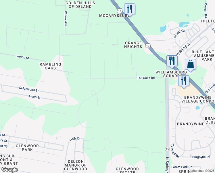 map of restaurants, bars, coffee shops, grocery stores, and more near 3281 Oaklea Drive in DeLand