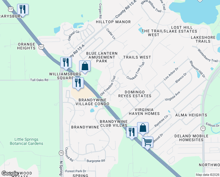 map of restaurants, bars, coffee shops, grocery stores, and more near 28 Ramblewood Trail in DeLand