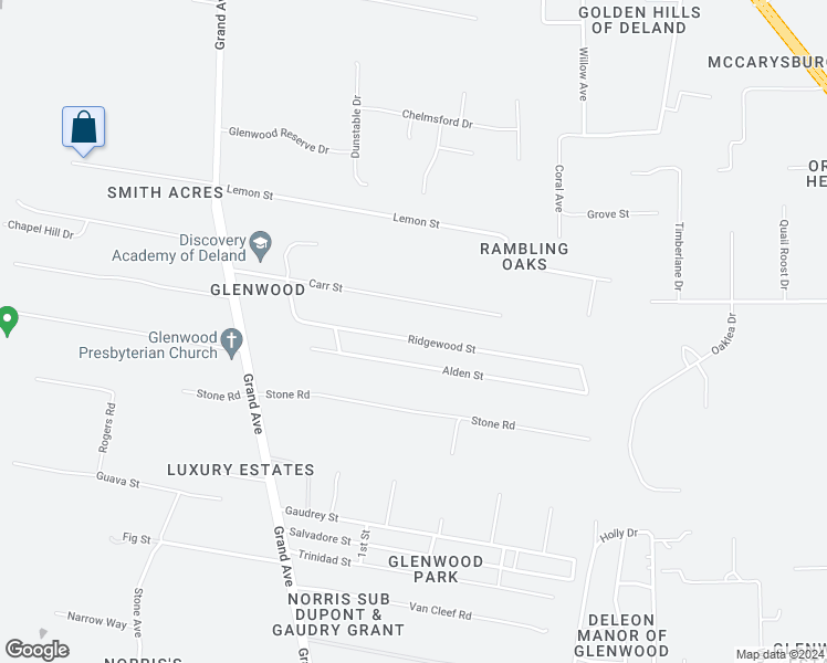 map of restaurants, bars, coffee shops, grocery stores, and more near 1697 Ridgewood Street in DeLand