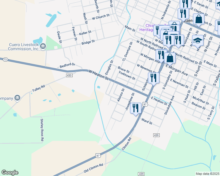 map of restaurants, bars, coffee shops, grocery stores, and more near 720 TL Overture Street in Cuero