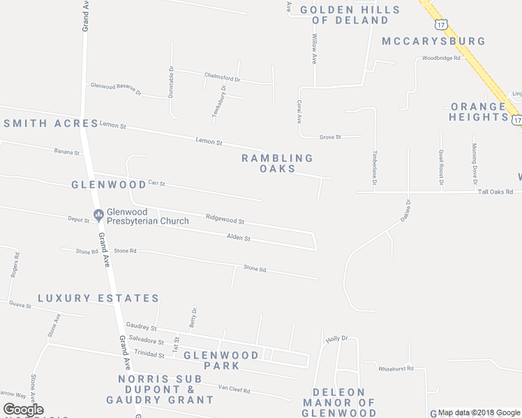 map of restaurants, bars, coffee shops, grocery stores, and more near 1550 Carr Street in DeLand