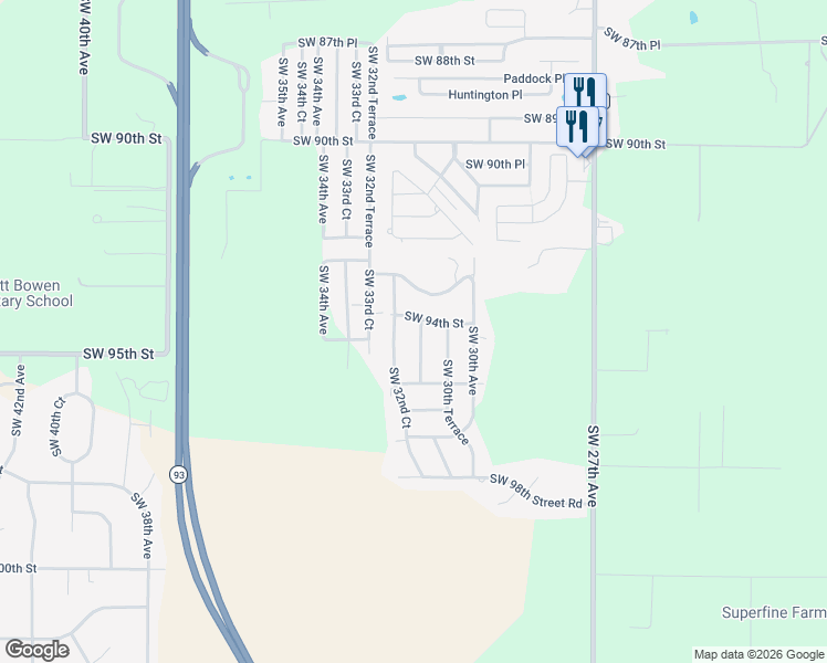 map of restaurants, bars, coffee shops, grocery stores, and more near 9421 Southwest 32nd Court in Ocala