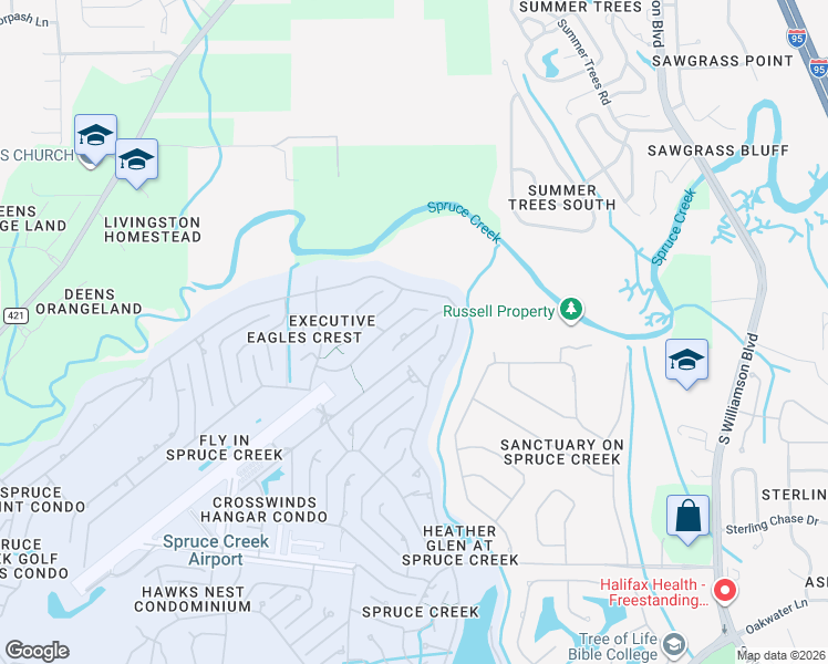 map of restaurants, bars, coffee shops, grocery stores, and more near 1712 Baron Court in Port Orange