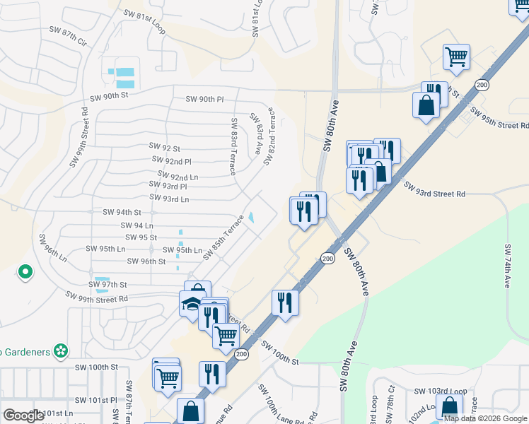 map of restaurants, bars, coffee shops, grocery stores, and more near 8506 Southwest 93rd Street in Ocala