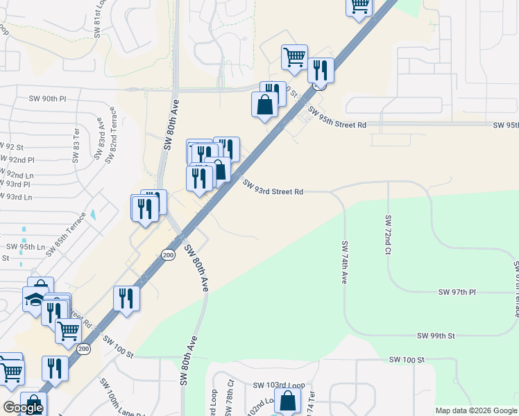 map of restaurants, bars, coffee shops, grocery stores, and more near 7738 Southwest 93rd Street Road in Ocala