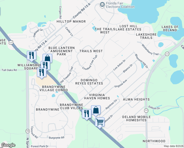 map of restaurants, bars, coffee shops, grocery stores, and more near 237 Brevity Lane in DeLand