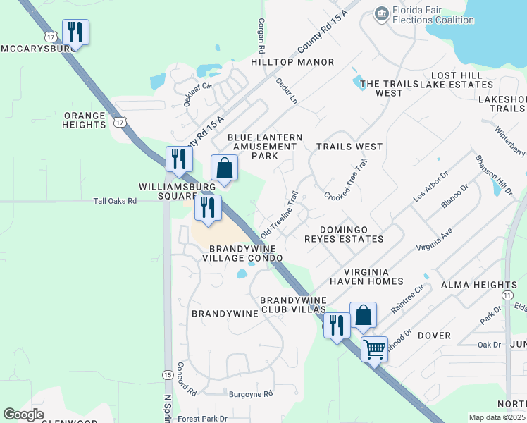 map of restaurants, bars, coffee shops, grocery stores, and more near 130 Silver Bow Trail in DeLand