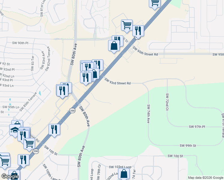 map of restaurants, bars, coffee shops, grocery stores, and more near 7738 Southwest 93rd Street Road in Ocala