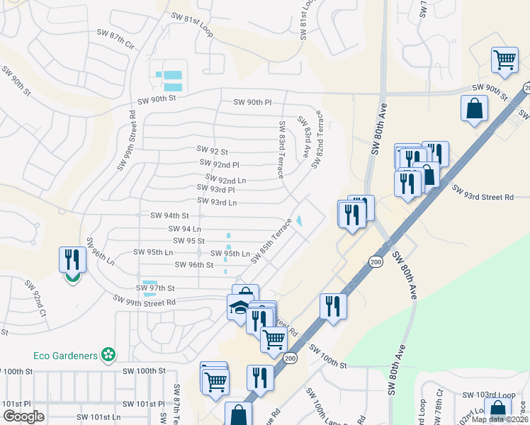 map of restaurants, bars, coffee shops, grocery stores, and more near 8625 Southwest 94 Lane in Ocala