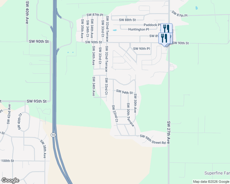 map of restaurants, bars, coffee shops, grocery stores, and more near 9421 Southwest 32nd Court in Ocala