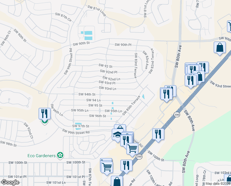 map of restaurants, bars, coffee shops, grocery stores, and more near 8665 Southwest 94 Lane in Ocala