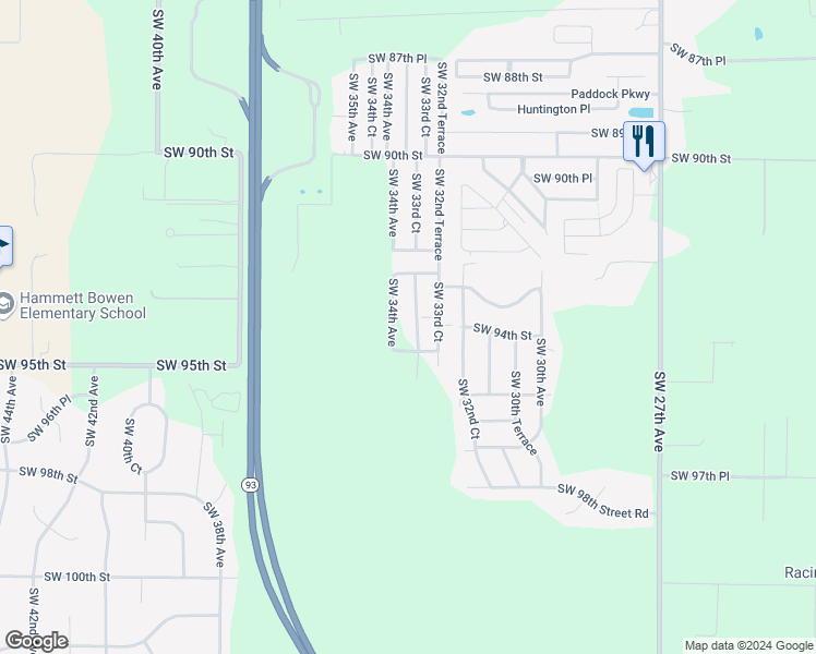 map of restaurants, bars, coffee shops, grocery stores, and more near 9370 Southwest 33rd Court in Ocala