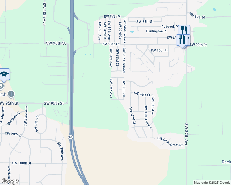 map of restaurants, bars, coffee shops, grocery stores, and more near 9370 Southwest 33rd Court in Ocala