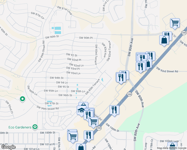 map of restaurants, bars, coffee shops, grocery stores, and more near 8351 Southwest 93rd Lane in Ocala