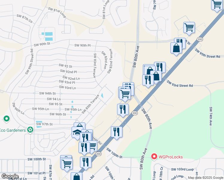 map of restaurants, bars, coffee shops, grocery stores, and more near 8555 Southwest 93rd Street in Ocala