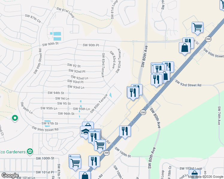 map of restaurants, bars, coffee shops, grocery stores, and more near 8555 Southwest 93rd Street in Ocala
