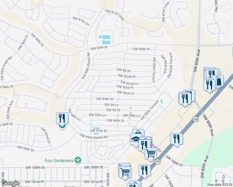 map of restaurants, bars, coffee shops, grocery stores, and more near 8702 Southwest 93rd Lane in Ocala