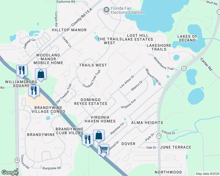 map of restaurants, bars, coffee shops, grocery stores, and more near 616 Lake Drive in DeLand