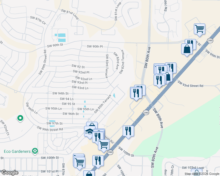 map of restaurants, bars, coffee shops, grocery stores, and more near 8351 Southwest 93rd Lane in Ocala