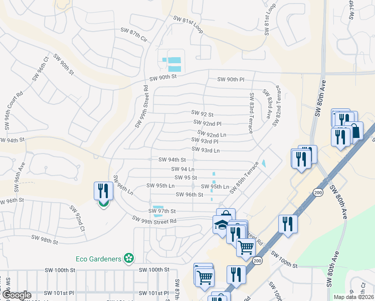 map of restaurants, bars, coffee shops, grocery stores, and more near 8702 Southwest 93rd Lane in Ocala