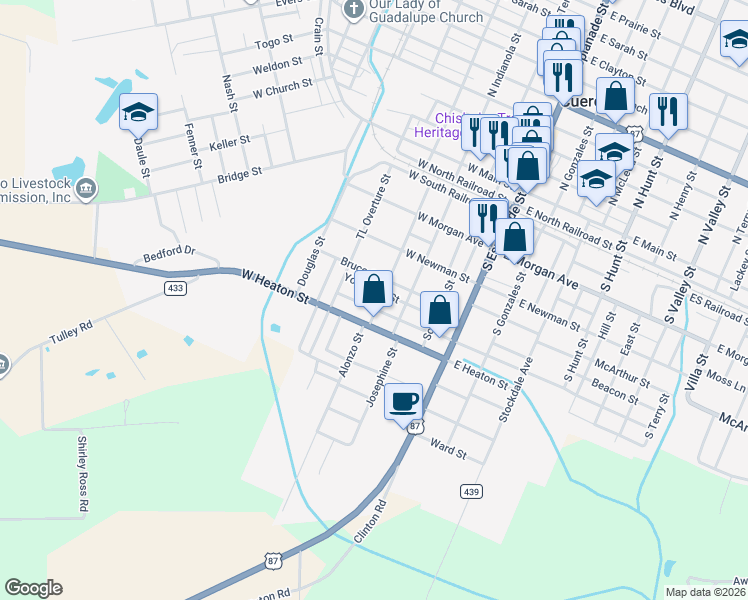 map of restaurants, bars, coffee shops, grocery stores, and more near 707 Grant Street in Cuero