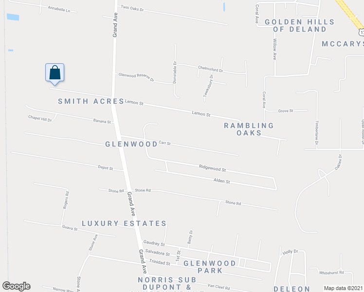 map of restaurants, bars, coffee shops, grocery stores, and more near 1710 Carr Street in DeLand