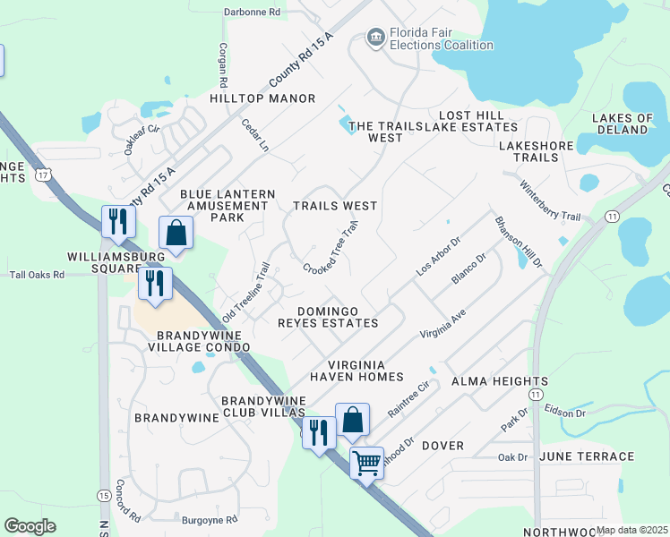 map of restaurants, bars, coffee shops, grocery stores, and more near 235 Crooked Tree Trail in DeLand