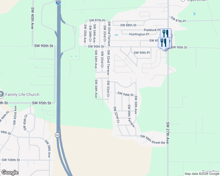 map of restaurants, bars, coffee shops, grocery stores, and more near 9365 Southwest 32nd Terrace in Ocala