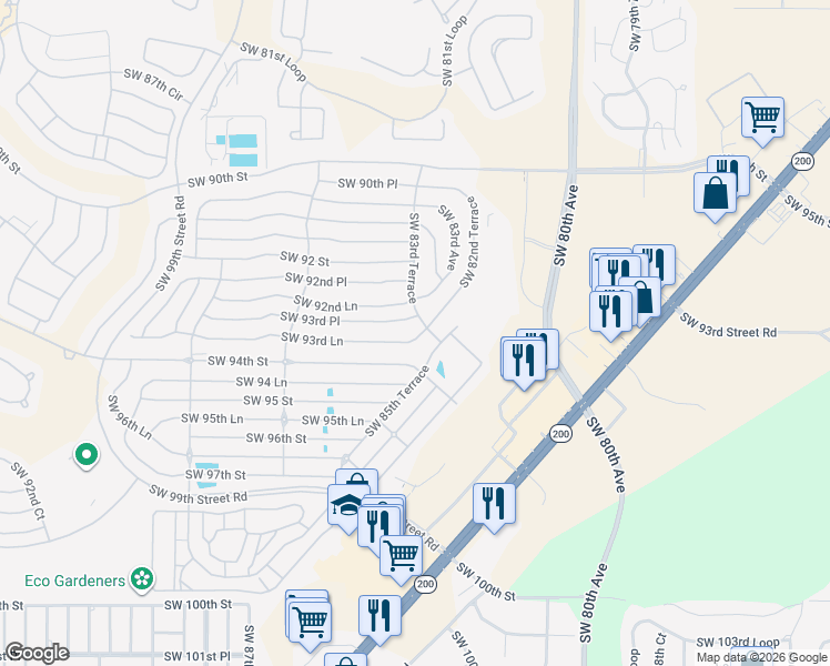 map of restaurants, bars, coffee shops, grocery stores, and more near 8351 Southwest 93rd Lane in Ocala