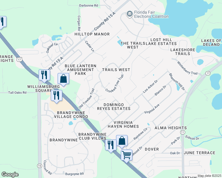 map of restaurants, bars, coffee shops, grocery stores, and more near 235 Crooked Tree Trail in DeLand