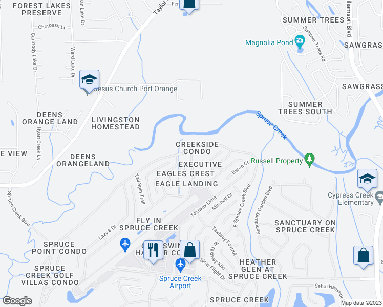 map of restaurants, bars, coffee shops, grocery stores, and more near 2571 Spruce Creek Boulevard in Port Orange