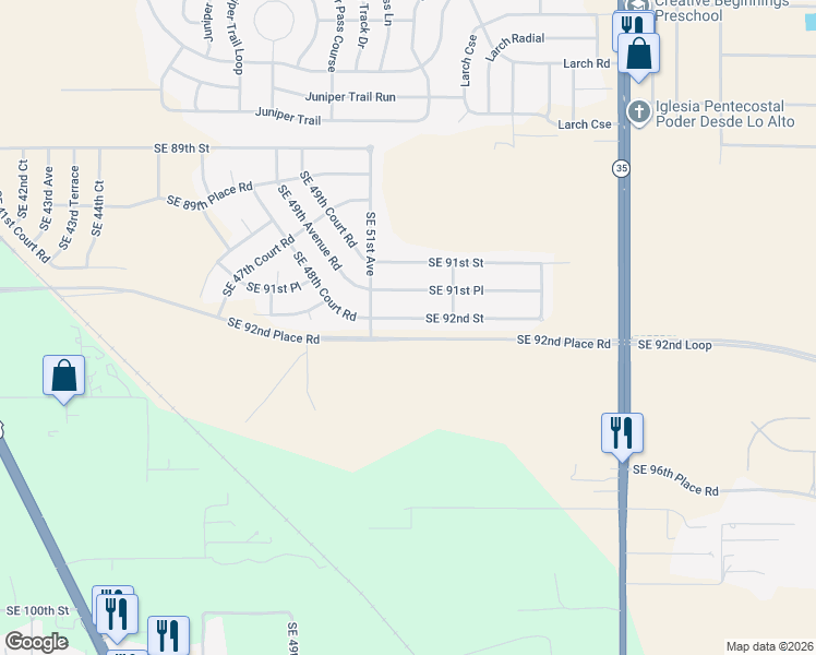 map of restaurants, bars, coffee shops, grocery stores, and more near SE 92nd Place Rd in Ocala