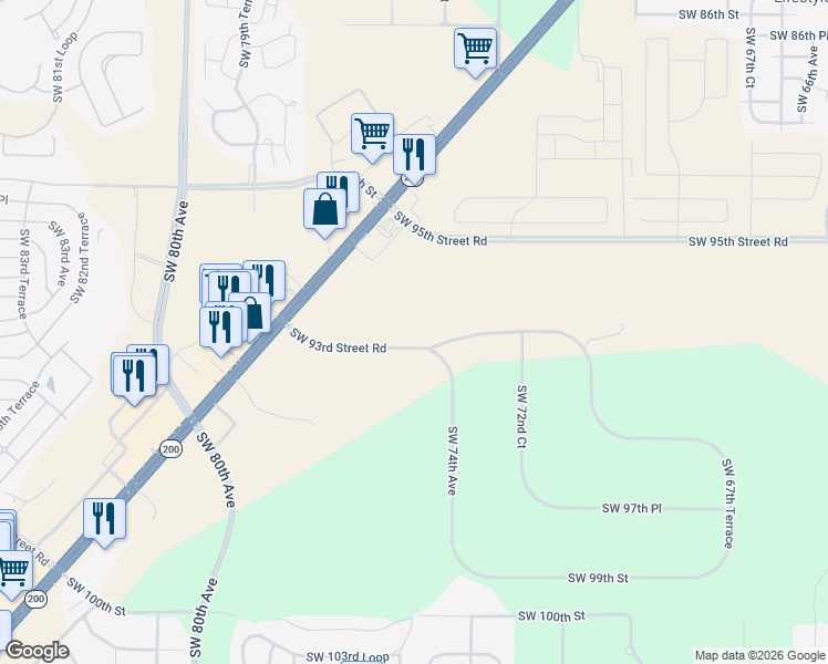map of restaurants, bars, coffee shops, grocery stores, and more near 7509 Southwest 93rd Street Road in Ocala
