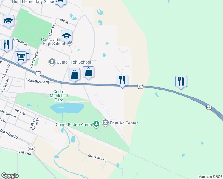 map of restaurants, bars, coffee shops, grocery stores, and more near 1409 East Broadway Street in Cuero