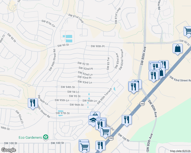 map of restaurants, bars, coffee shops, grocery stores, and more near 8552 Southwest 93rd Place in Ocala