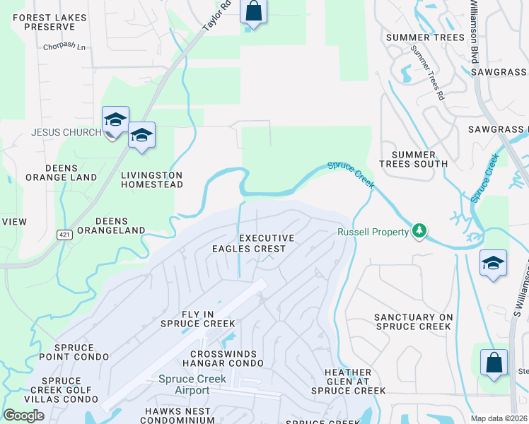 map of restaurants, bars, coffee shops, grocery stores, and more near 2571 Spruce Creek Boulevard in Port Orange