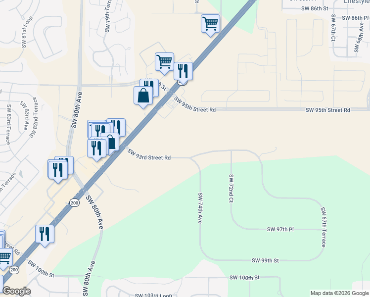 map of restaurants, bars, coffee shops, grocery stores, and more near 7509 Southwest 93rd Street Road in Ocala