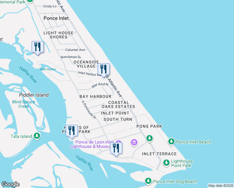 map of restaurants, bars, coffee shops, grocery stores, and more near 2 Mar Azul North in Ponce Inlet