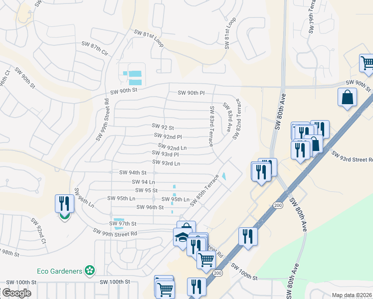 map of restaurants, bars, coffee shops, grocery stores, and more near 8470 Southwest 92nd Lane in Ocala