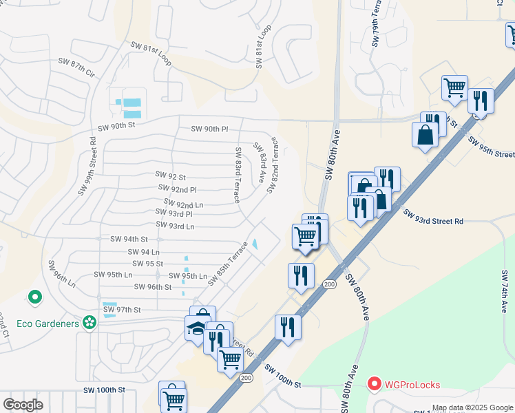 map of restaurants, bars, coffee shops, grocery stores, and more near 9399 Southwest 82nd Terrace in Ocala