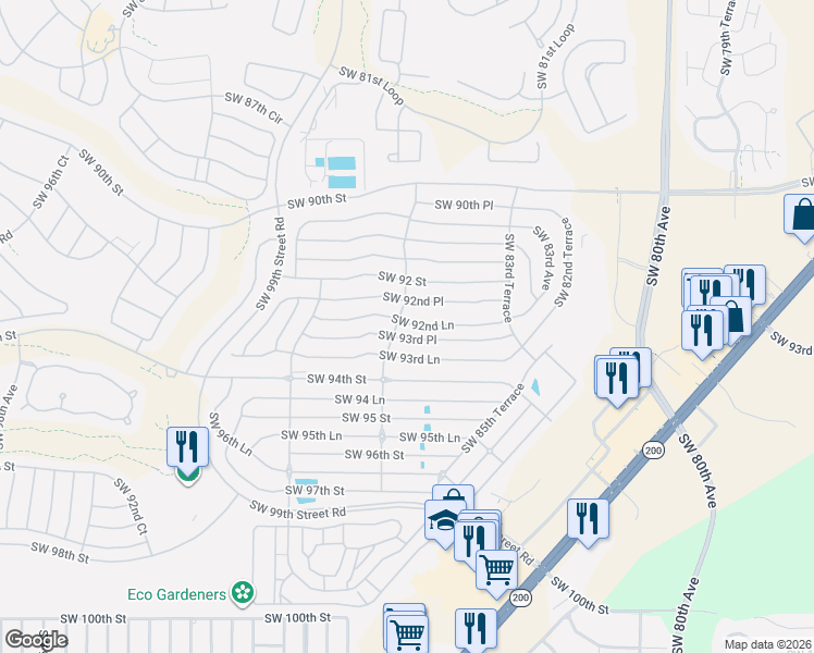 map of restaurants, bars, coffee shops, grocery stores, and more near 8712 Southwest 92nd Place in Ocala