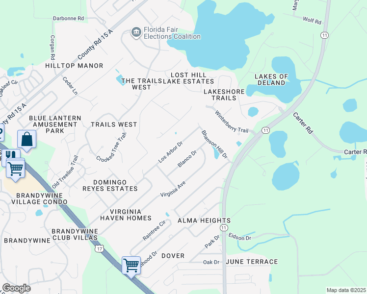 map of restaurants, bars, coffee shops, grocery stores, and more near 121 Los Arbor Drive in DeLand