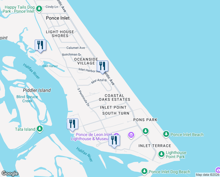 map of restaurants, bars, coffee shops, grocery stores, and more near 10 Mar Azul North in Ponce Inlet