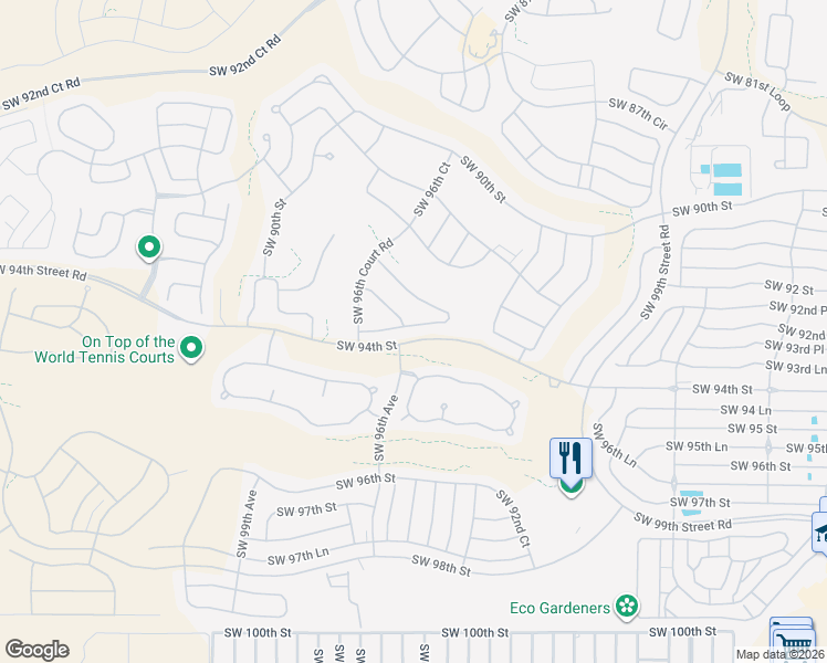 map of restaurants, bars, coffee shops, grocery stores, and more near 9485 Southwest 92nd Street Road in Ocala