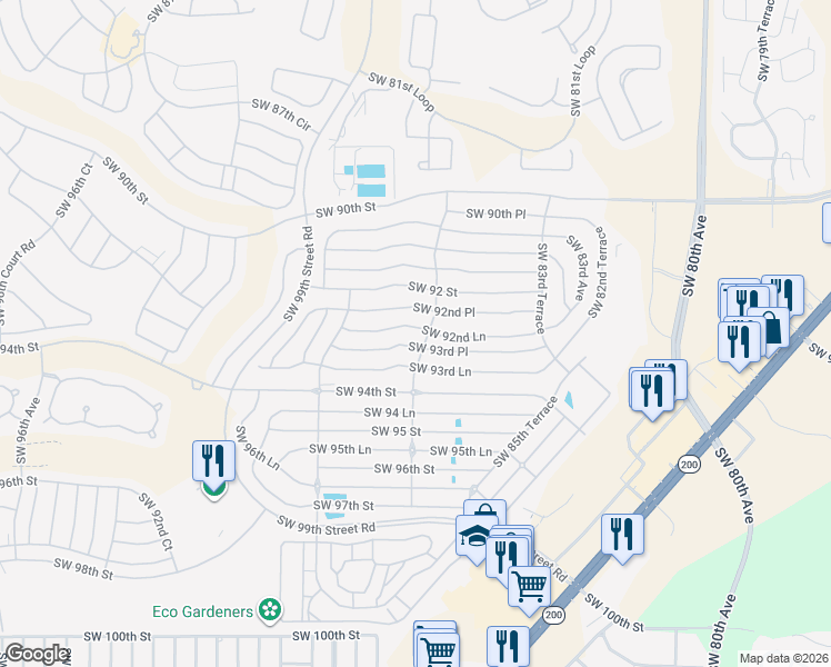 map of restaurants, bars, coffee shops, grocery stores, and more near 8714 Southwest 92nd Lane in Ocala
