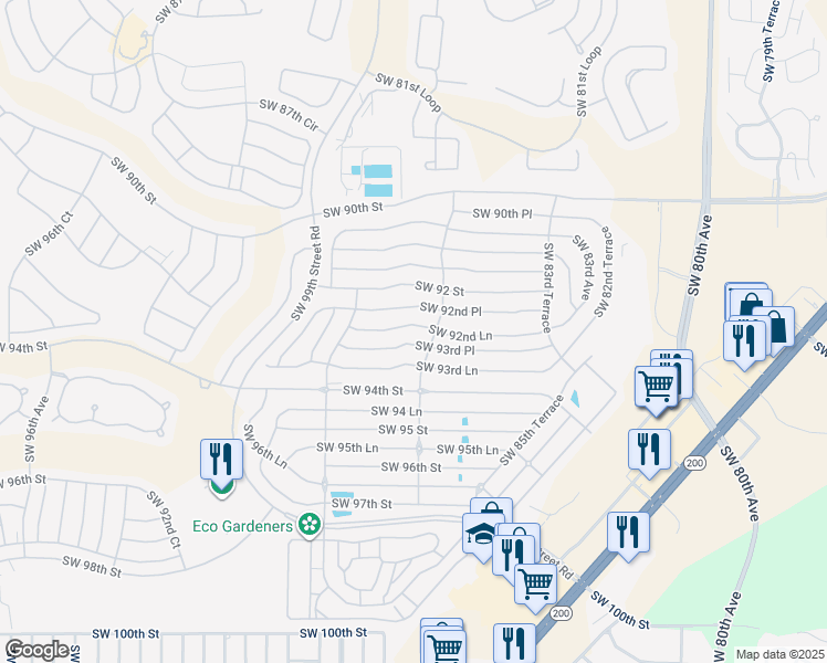 map of restaurants, bars, coffee shops, grocery stores, and more near 8714 Southwest 92nd Lane in Ocala