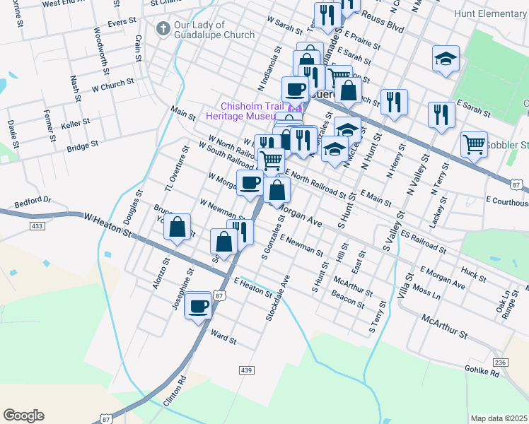 map of restaurants, bars, coffee shops, grocery stores, and more near 307 South Esplanade Street in Cuero