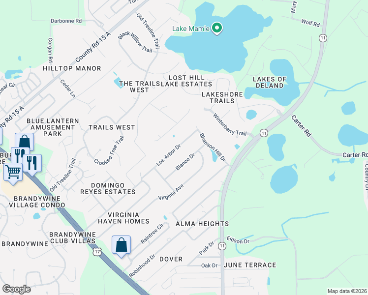 map of restaurants, bars, coffee shops, grocery stores, and more near 124 Los Arbor Drive in DeLand